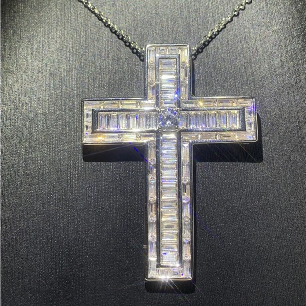 New Men Women 925 Silver Cross Diamond Necklace - Picture 10 of 10